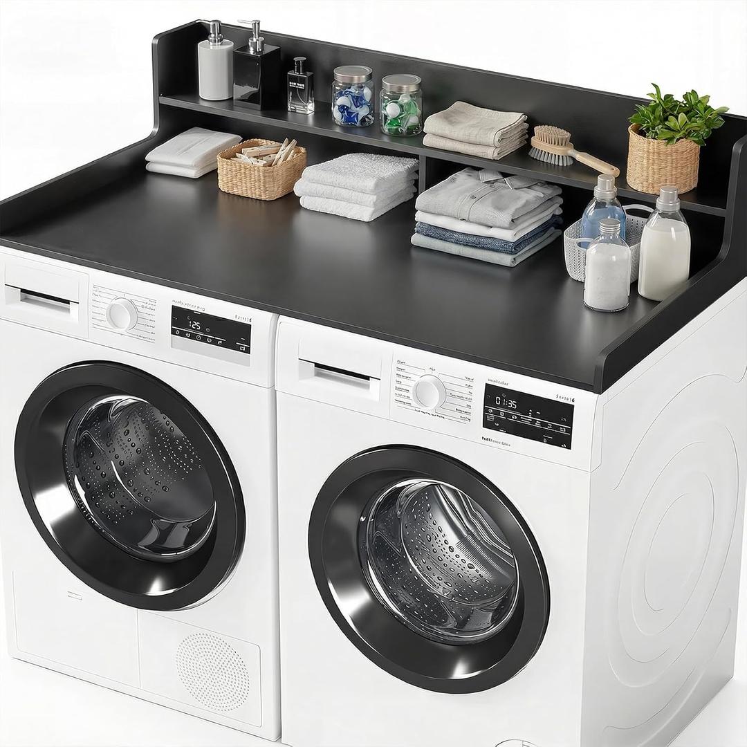 2-Tier Washer Dryer Countertop, 54" W x 27.5" D Laundry Countertop Cover with Non-Slip Pad,Large Space Laundry Topper for Laundry Room Organization (Black)