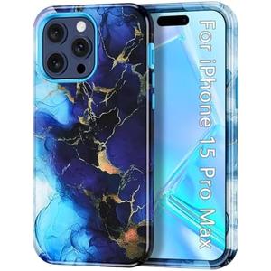 CASEFIV Compatible with iPhone 15 Pro Max Case,Marble Pattern 3 in 1 Heavy Duty Shockproof Full Body Rugged Hard PC+Soft Silicone Drop Protective Women Girls Cover for iPhone 15 Pro Max, Dark Blue