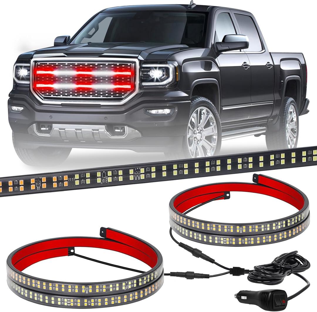 XRIDONSEN 2PCS 30 inch Truck Grill Emergency Lights Strip 360 LED Red White Grille Strobe Lights Flashing Warning Hazard Safety Waterproof First Responder Lights for Vehicles Firefighter Fire Trucks