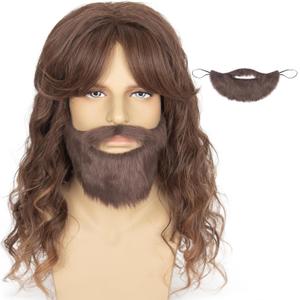 Yan Dream Long Curly Gradient Brown Wig and Bangs with Fake Beard Set for Men Cosplay Halloween