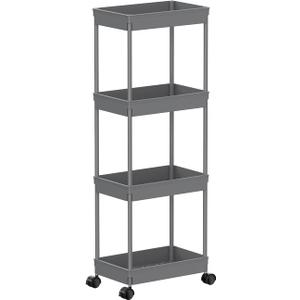 Sooyee 4 Tier Wide Storage Cart Mobile Shelving Unit Organizer Slide Out Storage Rolling Utility Cart Tower Rack for Kitchen Bathroom Laundry, Plastic & Stainless Steel,Grey (Gray)