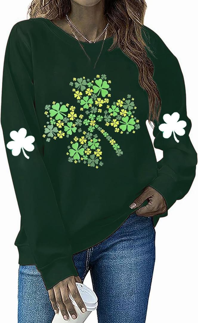Ykomow St Patricks Day Sweatshirt Women Long Sleeve Leopard Shamrock St. patricks Shirts Tees (Green, L)