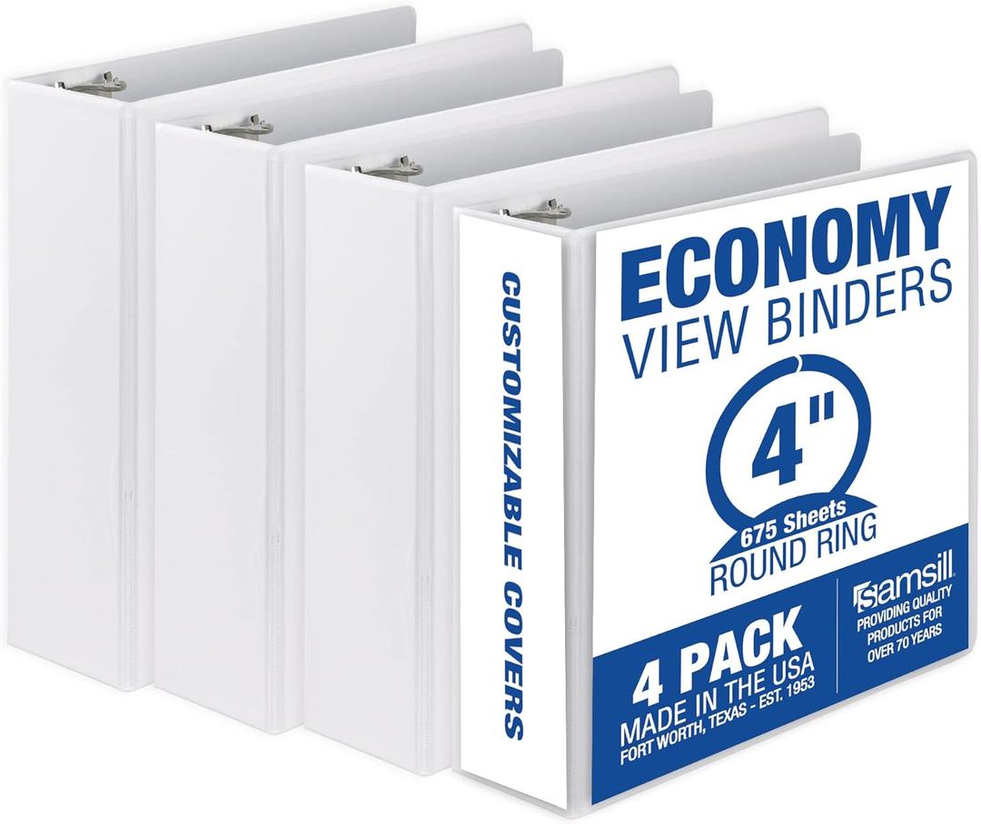 Samsill 4 Inch 3 Ring Binders, Made in USA, Economy Round Ring, Clear View Cover, 675 Sheet Capacity - for School, Home, Office - White, 4 Pack