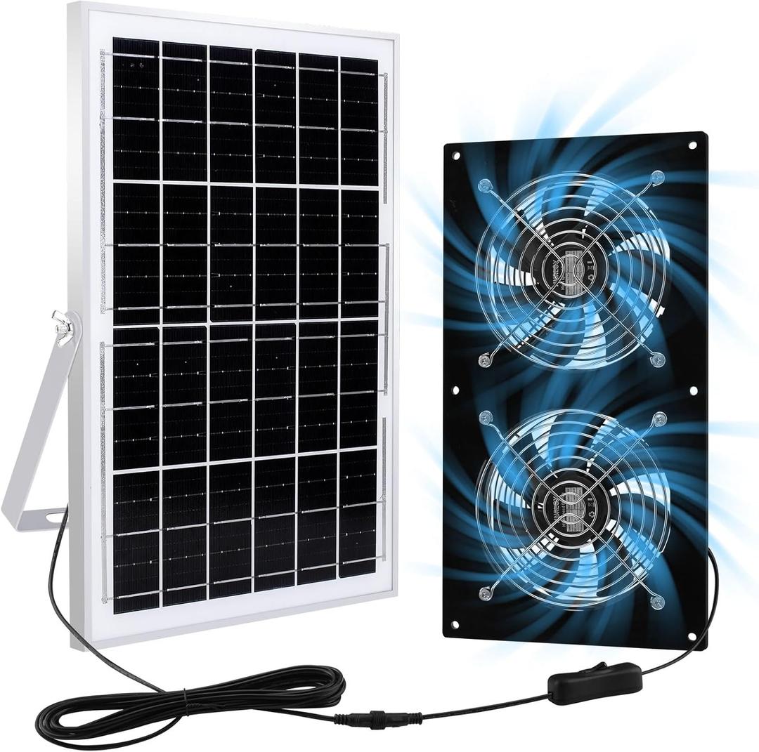 Solar Exhaust Fans & Powered Fan with 15W Panel & 2-Pack High-Speed Brushless DC Fans,Solar Ventilation Fan for Greenhouses, Chicken Coops, Attics, Barns, Sheds & Dog Houses