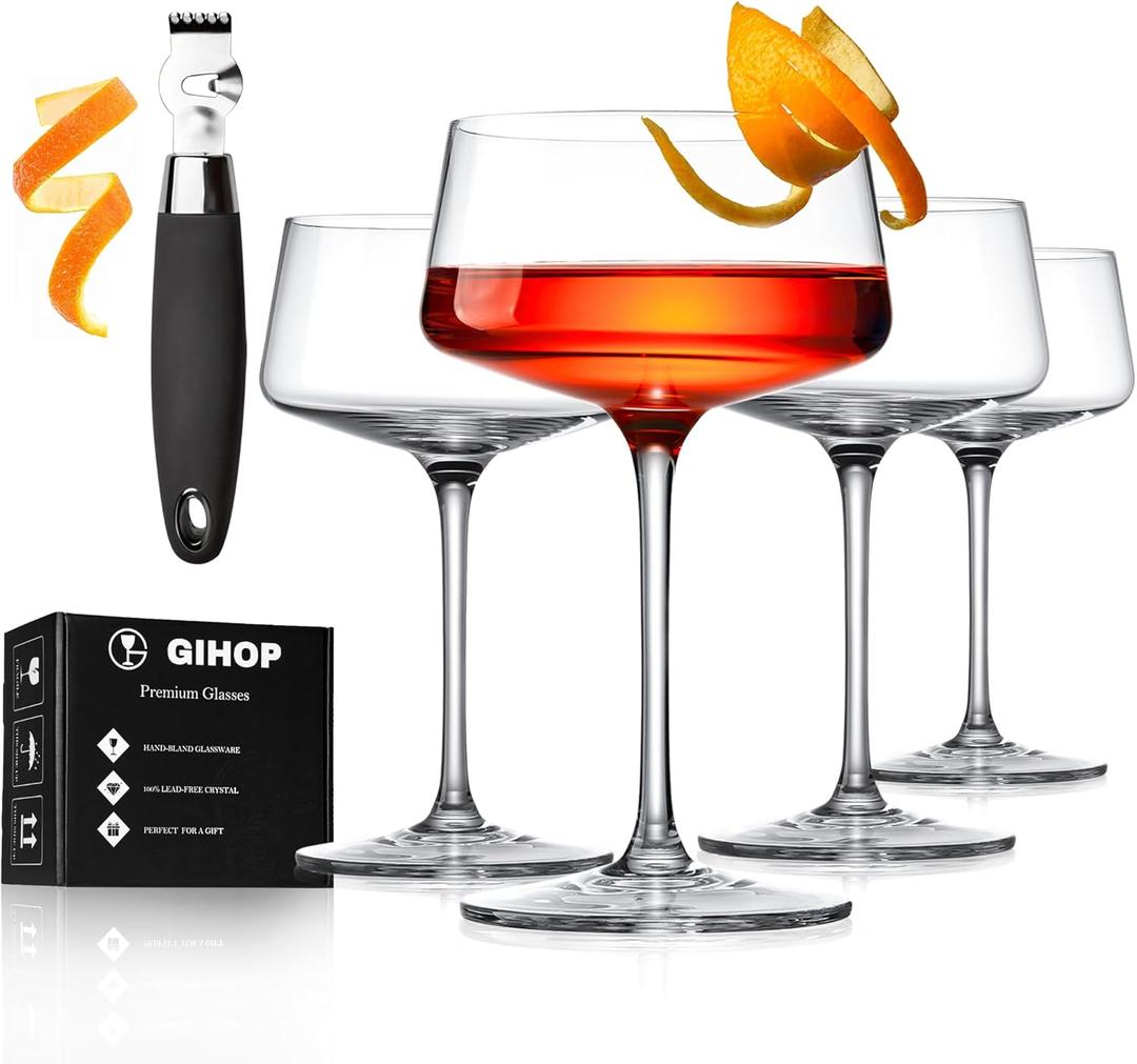 Martini Glasses, Lead-Free Crystal Coupe Glasses Set of 4, 9 Oz, Hand-Blown Cocktail Glasses, Fancy Champagne Coupe Glasses for Espresso Martini, Manhattan as Bar Glassware with Deluxe Gift