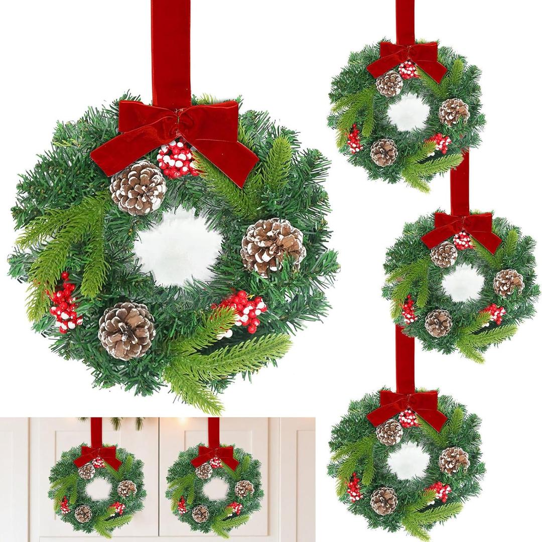 3 Pcs Mini Christmas Wreath for Cabinets Kitchen, 11.5 Inch Small Christmas Wreaths with Christmas Bow & Frosted Berries Pine Tips Pinecones Xmas Hanging Decor for Cabinet Fireplace Windows Indoor