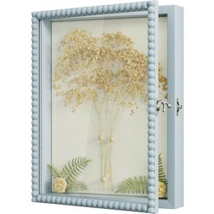 Love-KANKEI Shadow Box Frame 11x14, Deep Large Shadow Box Display Case with Unique Beads Door and Glass Window, Wood Memory Box Gift for Pictures,Medals,Memorabilia,Collections Blue