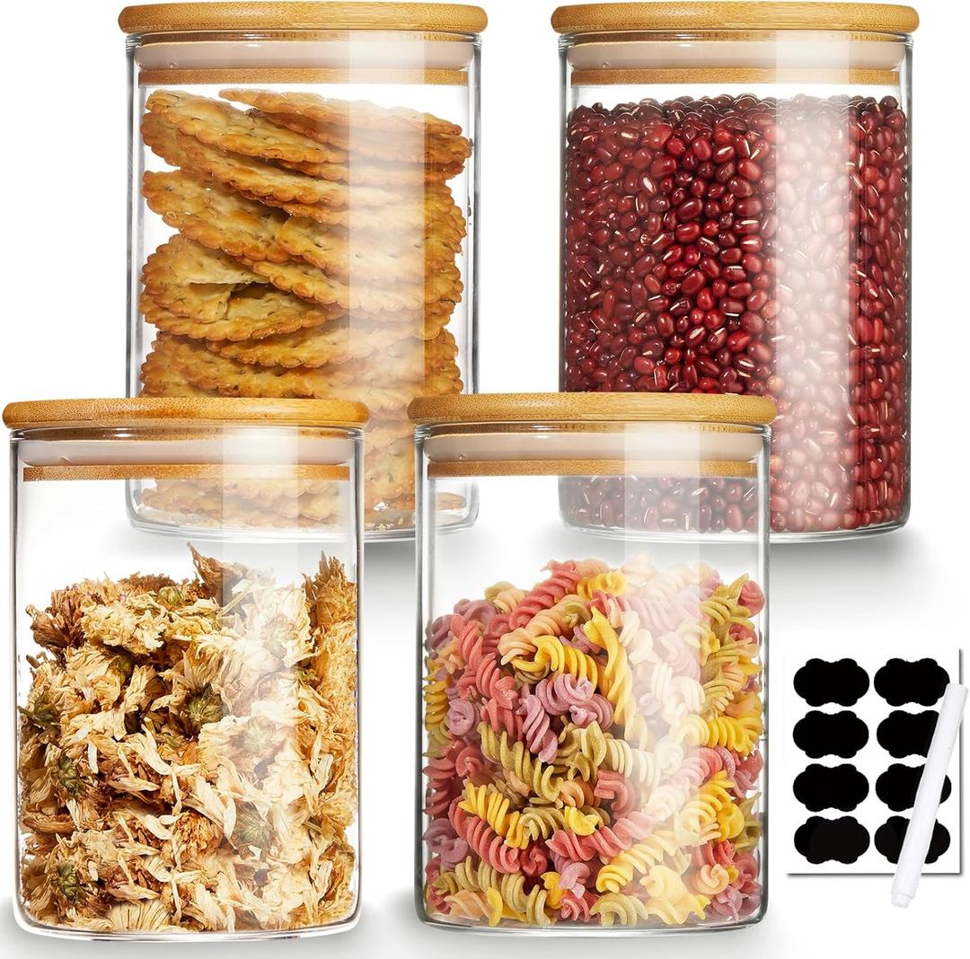 Mfacoy 4 Pack Glass Storage Jars with Airtight Bamboo Lid, 27 OZ Glass Canisters Set with Labels, Glass Food Storage Jar for Kitchen, Clear Container for Candy, Cookie, Coffee Beans, Snacks, Spices