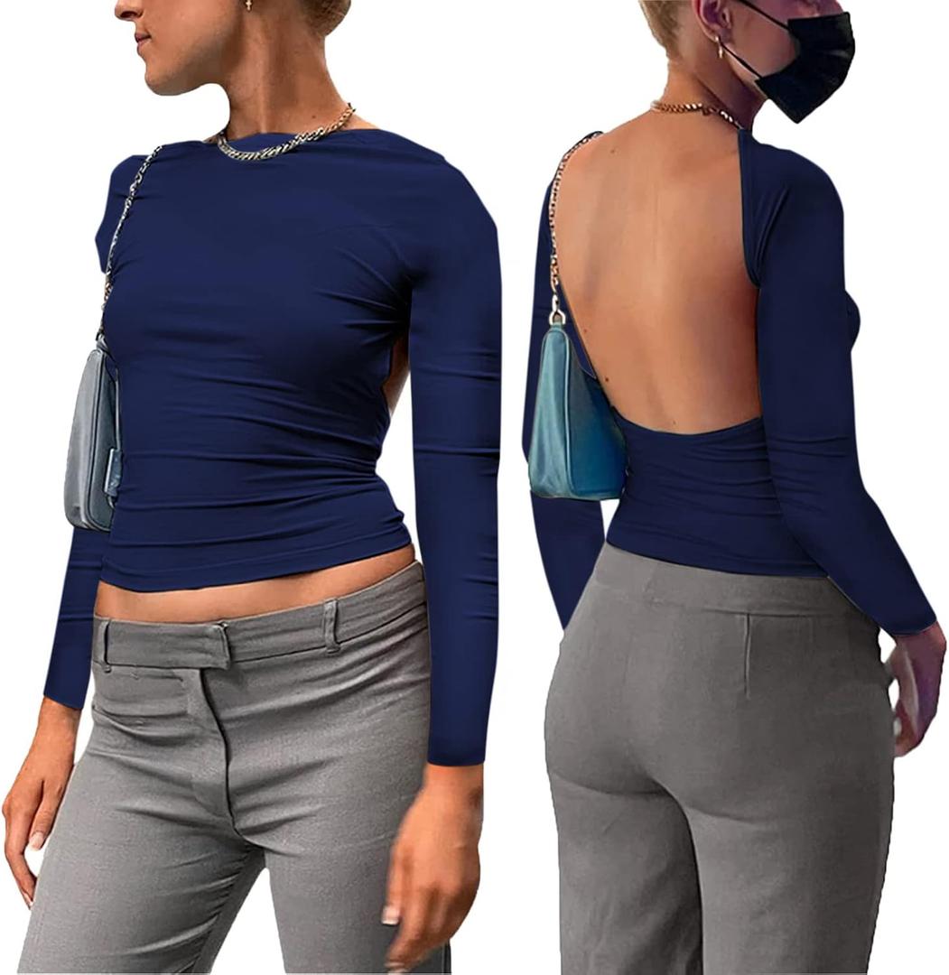 Backless Tops for Women Sexy - Casual Y2K Crop Shirts Long Sleeve Crewneck Slim Fit Cut Out Tees, Navy Blue, Large