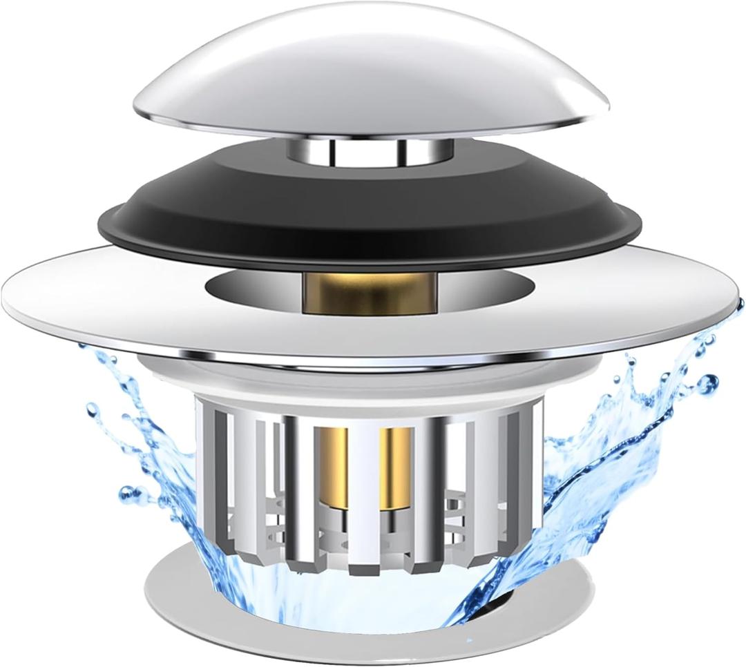Kitchen Sink Drain Strainer 3 in 1, 304 Stainless Steel Pop Up Sink Stopper, Anti-Clogging Drain Stopper, Strainers for Kitchen, Drain Cover & Kitchen Accessories for US Standard Sink (Smooth Silver)