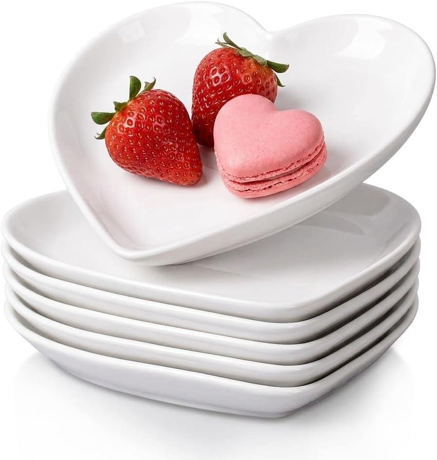 DELLING Heart Shaped Plates Set of 6, 7.3 Inch Ceramic Dessert Salad Plates - White Dinner Plates for Appetizer Steak Snack, Microwave Oven Safe, Gift for Valentines Thanksgiving Christmas