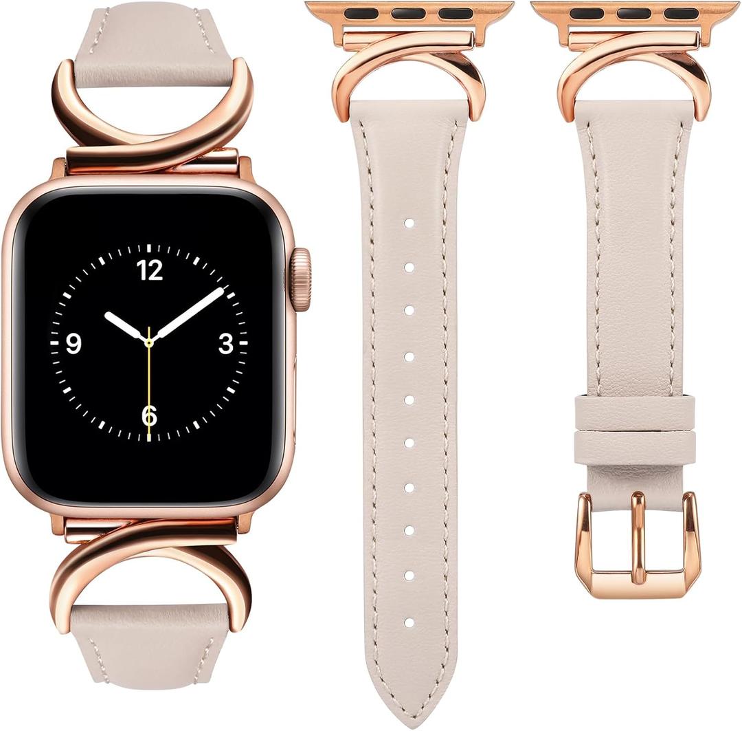 Minyee Leather Bands Compatible with Apple Watch Band 38/40/41/42/44/45/46/49mm Women, Slim Thin Dressy Designer Strap with C-Shape Metal Buckle for iWatch Series 11 10 9 8 7 6 5 4 SE/Ultra 3 2 1 (Starlight/Rose Gold)