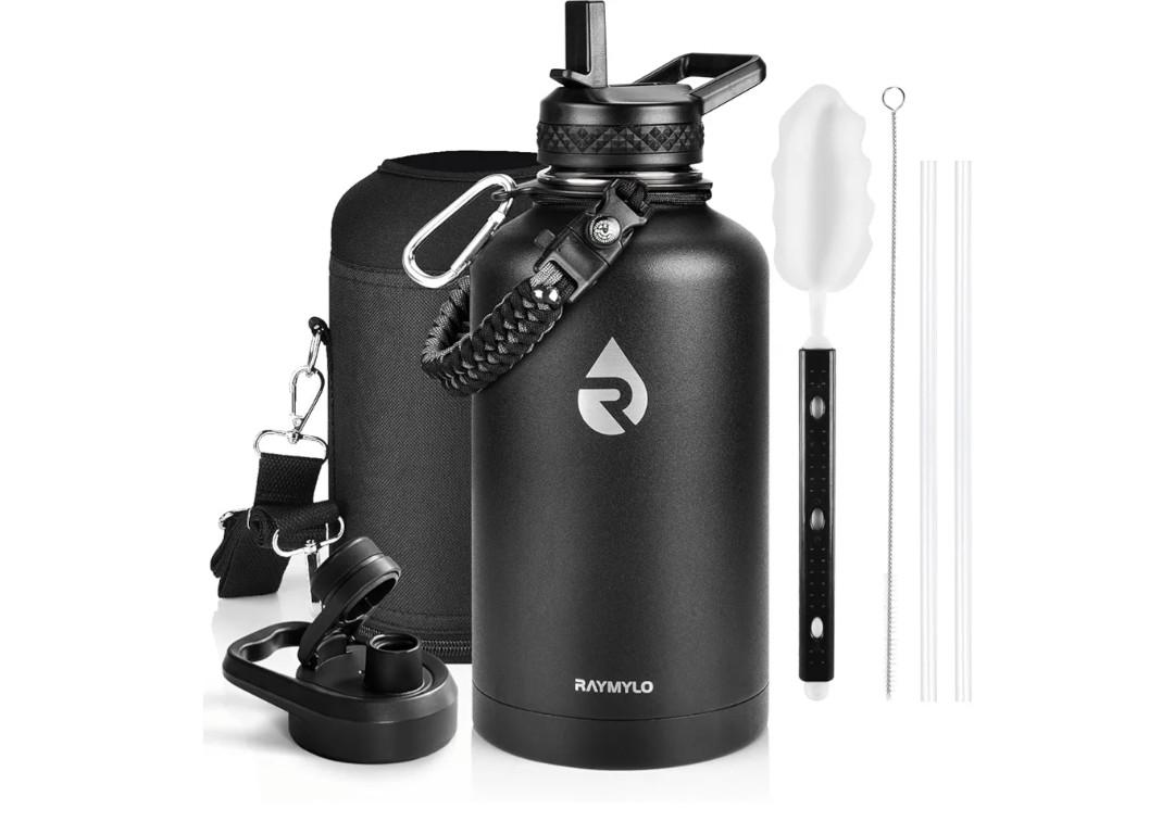 RAYMYLO Insulated Water Bottle 64 oz, Triple Wall Vacuum Stainless Steel (Cold for 48 Hrs), Leak Proof & Non-BPA, Half Gallon Water Flask Jug with Paracord Handle & Straw Spout Lids, Magic Black