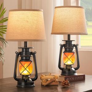 LEDIARY 18.72" Black LED Lantern Flickering Flame Table Lamps for Bedrooms Set of 2, Small Farmhouse Rustic End Table Lamps, Halloween Decorative Lantern Bedside Lamps for Living Room