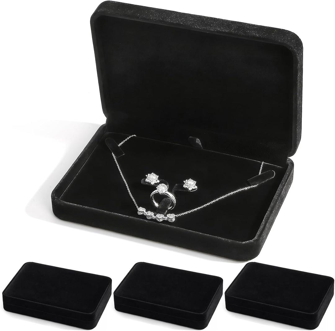 Hacaroa 4 Pcs Jewelry Set Box Medium Size, Earring Ring Necklace Gift Box Plush Jewelry Display Case, Pearl Necklace Pendant Storage Case for Wedding, Anniversary, Mother's Day, Travel, Black