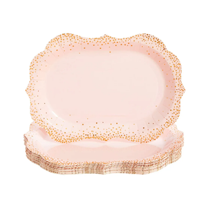 Sparkle and Bash 21-Pack Pink Disposable Serving Trays, Gold Foil Polka Dotted Party Platters for Wedding, Birthday, Tea Party, Brunch Decorations, Table Centerpiece, Home Decor (9x13 in)