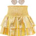American Trends Girls Sequin Sparkly Skirts Girls Metallic Skirt 2-Layer Ruffle Skirts with Sunglasses Cheerleaders Skirt (10-11 Years, Gold)