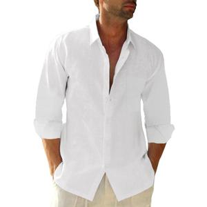 JEKAOYI Button Down Linen Shirts for Men Casual Long Sleeve Regular Fit Cotton Beach Shirts with Pocket (Large, White)