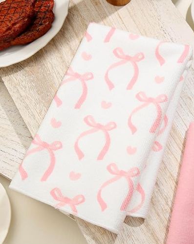 DOFQZ Coquette Pink Bow Heart Kitchen Towels, Preppy Pink Girly Hand Towels for Bathroom, Pink Decorative Tea Towels Dish Towels, Pink Kitchen Decor, Coquette Girly Bathroom Decor, 16x24 Inch