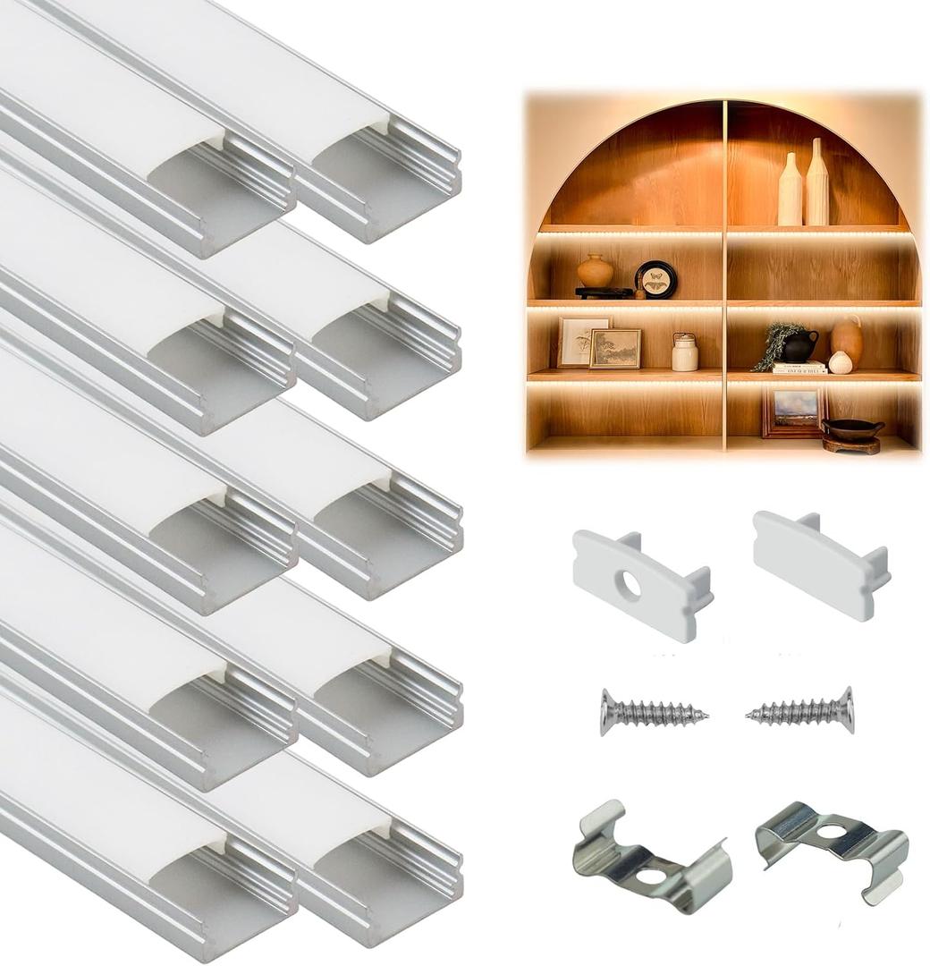 Muzata 10Pack 6.6FT/2M LED Channel Aluminum U Shape Silver LED Strip Diffuser Channel with Milky White Cover Easy Installation U1SW WW 2M