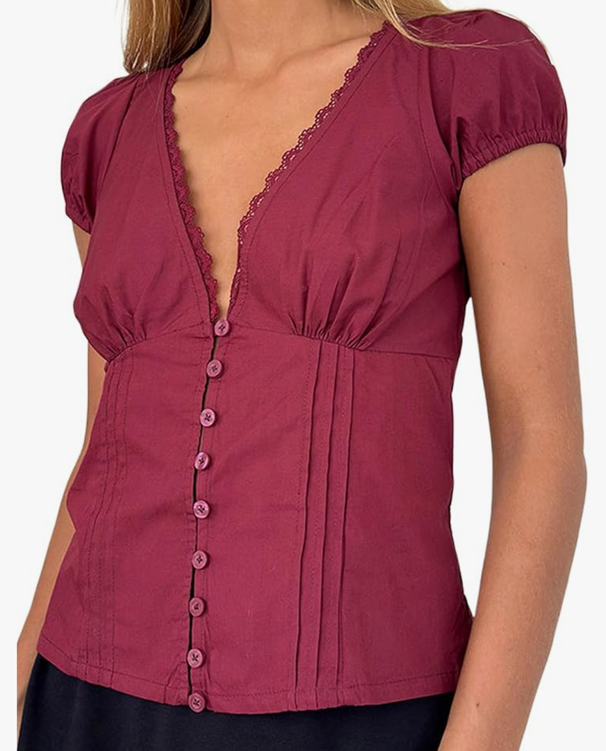 Women Button Down Shirt Coquette Short Sleeve V Neck Blouses Top Vintage Preppy Crop Shirt Tops Size L