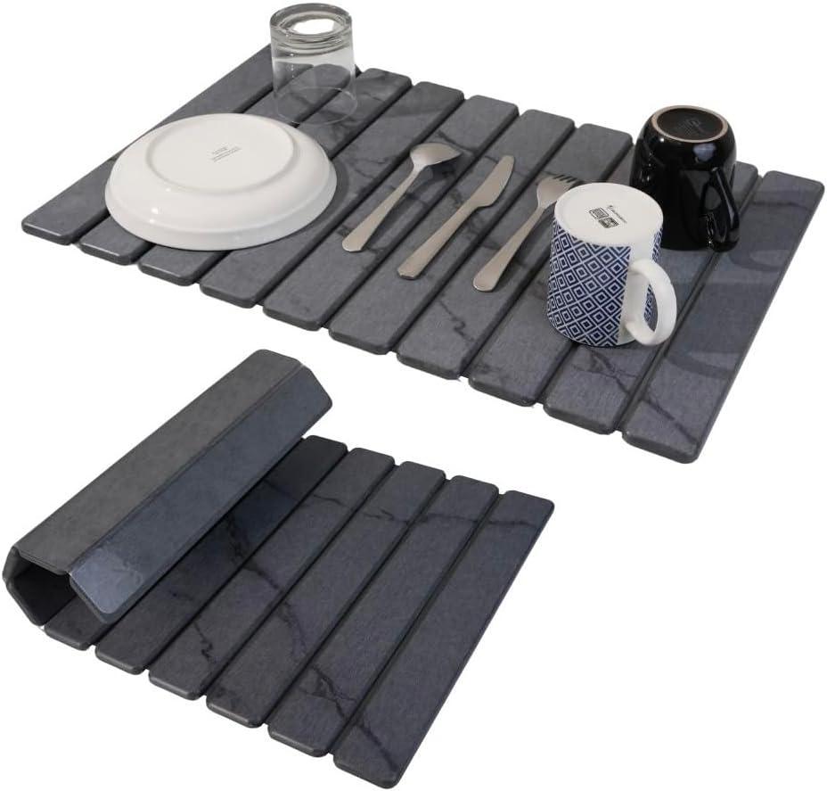 Large Stone Dish Drying Mat for Kitchen Counter 23.5x 15.25  Elegant Marbled-Inspired Surface Quick-Dry Absorbent Diatomaceous Earth - Multi-Use & Kitchen Mat for Dishes & Bottle Cups (Dark Gray)