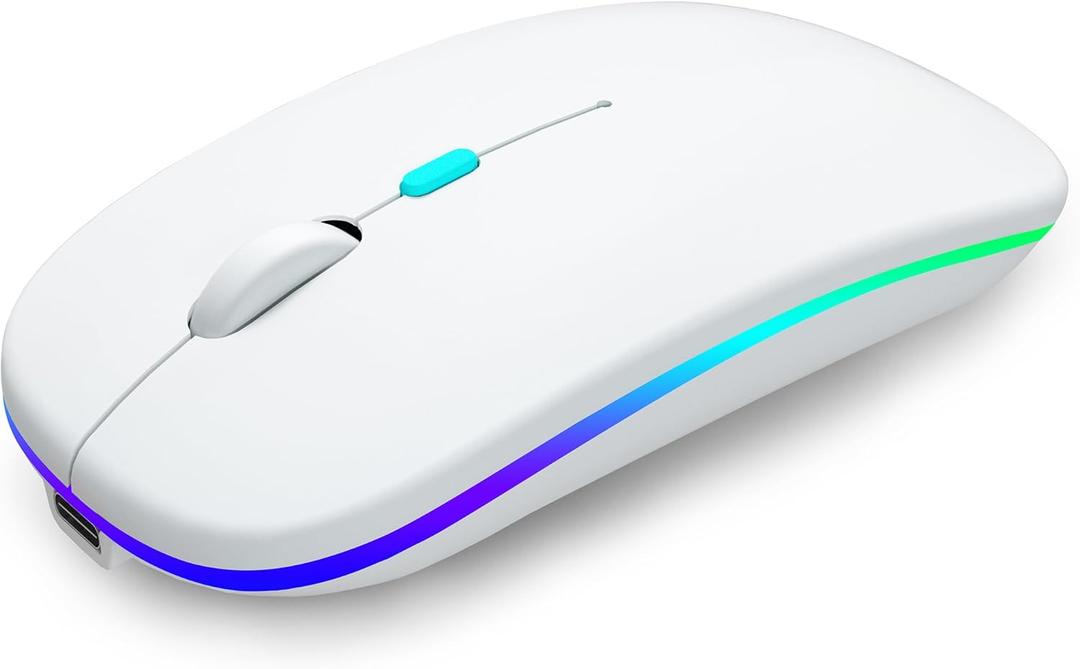 Wireless Bluetooth Mouse Rechargeable Laptop Mice with LED Use Portable(BT5.2 and USB 2.4G) Dual Mode Connection Silent Slim Computer Mouse for Laptop/iPad Tablet/Apple MacBook/PC(White)