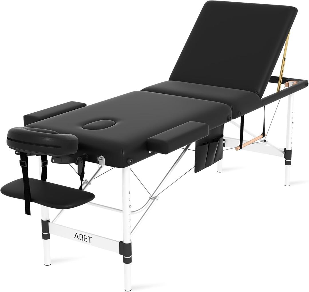 ABET Massage Table, 3 Fold Portable Professional Lash Tattoo Spa Bed, Height Adjustable 23.5" Wide Compact Facial Table with Detachable Oil Pocket Towel Rod Face Cradle Armrest, Aluminum Feet & Black ABET Massage Table, 3 Fold Portable Professional Lash Tattoo Spa Bed, Height Adjustable 23.5" Wide Compact Facial Table with Detachable Oil Pocket Towel Rod Face Cradle Armrest, Aluminum Feet & Black