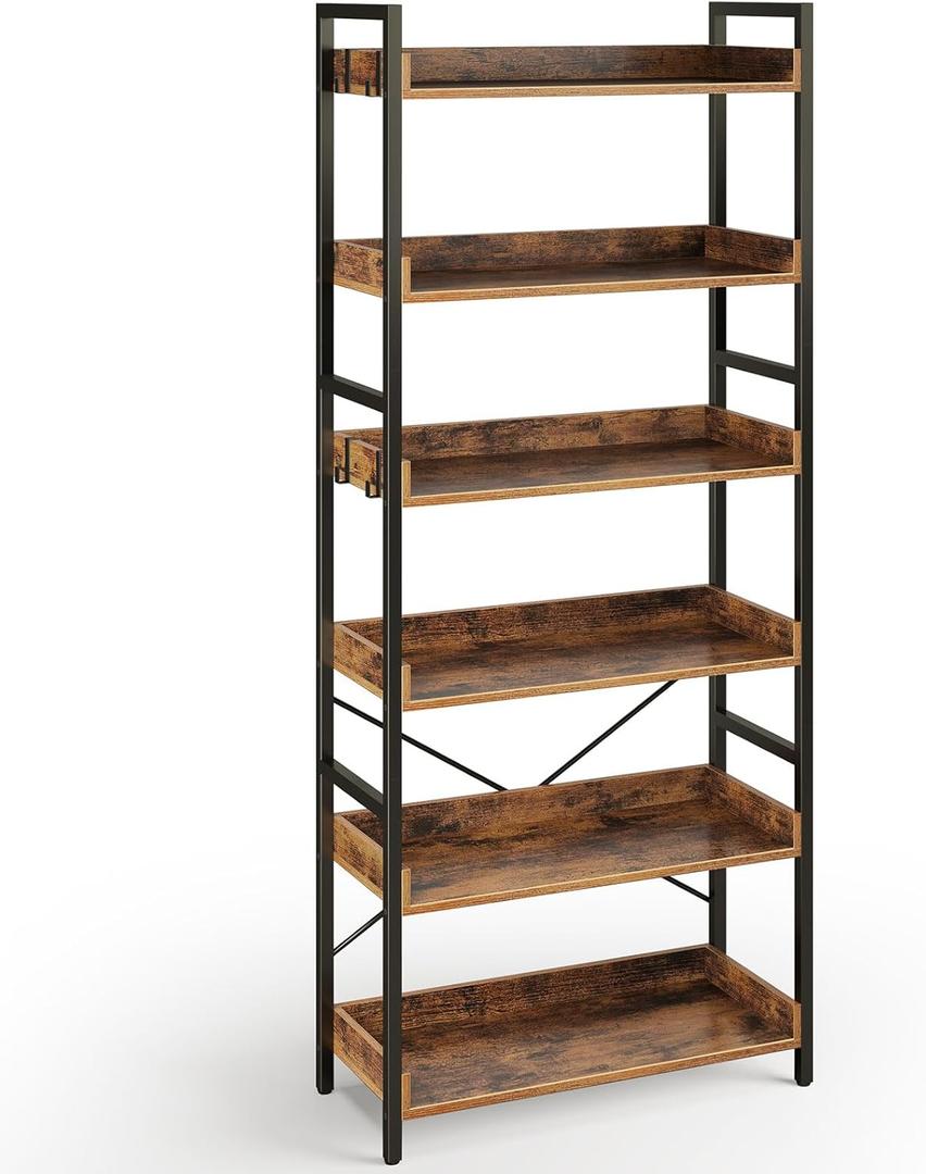 Rolanstar Bookshelf 6 Tier with 4 Hooks, Industrial Wood Bookcase, Vintage Storage Rack with Open Shelves, Rustic Standing Bookshelves Metal Frame Display Rack for Living Room, Bedroom, Rustic Brown Rolanstar Bookshelf 6 Tier with 4 Hooks, Industrial Wood Bookcase, Vintage Storage Rack with Open Shelves, Rustic Standing Bookshelves Metal Frame Display Rack for Living Room, Bedroom, Rustic Brown