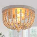 Q&S Boho Chandelier Wood Beaded Flush Mount Ceiling Light Fixtures for Nursery Baby Bedroom Kitchen Hallway,Oak White Finish,2-Lights