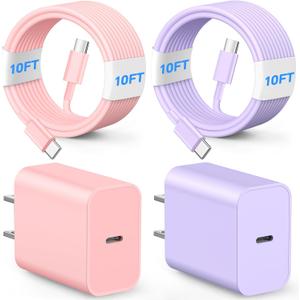 Phone Fast Charger, 10FT 20W USB C Charger, 2Pack Type C Charging Fast, Appple Charging Cord, Compatible with Phone 17/17 Pro/16/16 Pro/16 Pro Max/15/15 Plus/15 Pro/15 Pro Max-Pink and Purple
