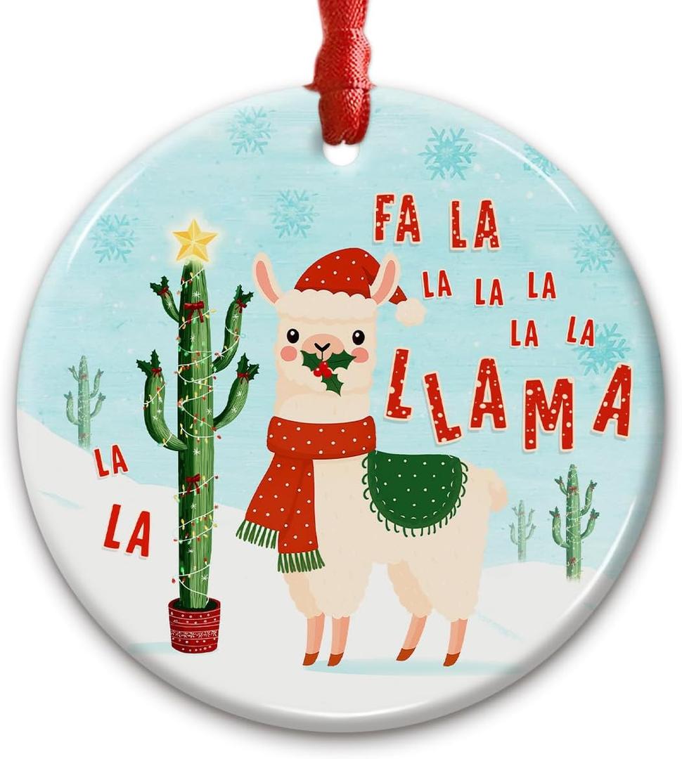 Funny Llama Ornament with Santa Hat - FA La La Llama Ceramic Christmas Ornament, Farm Animal Decoration, Llama Gifts for Women, Animal Lovers, Xmas Tree Ornament