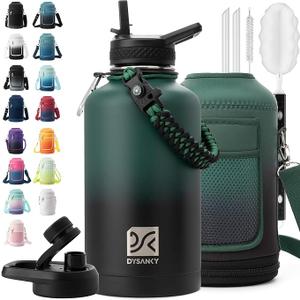 DYSANKY Insulated Water Bottle | Thickened Stainless Steel Vacuum Metal | Portable Sports Half Gallon Large Water Jug for Gym and Hiking with Straw, Carrier Bag, Handle Strap | BPA-Free 64 Oz (Forest Black)