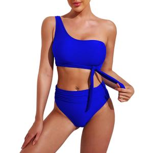 Pink Queen Women's One Shoulder High Waisted Bikini Set Two Piece Tie Ruched Swimsuit (Medium)