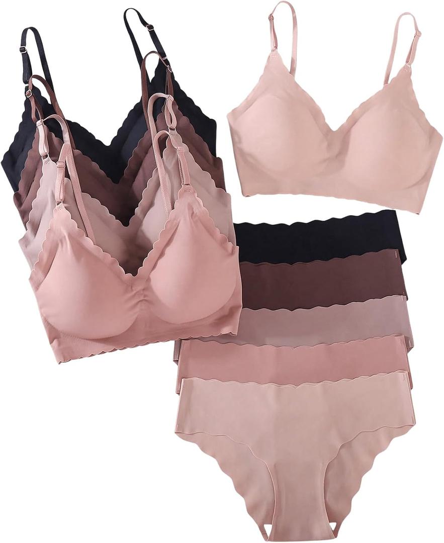 BEAUDRM Women's 5 Pack Seamless Lingerie Sets Scallop Trim Wireless Bralettes No Show Bra and Panty Sets Matching Underwear (M)