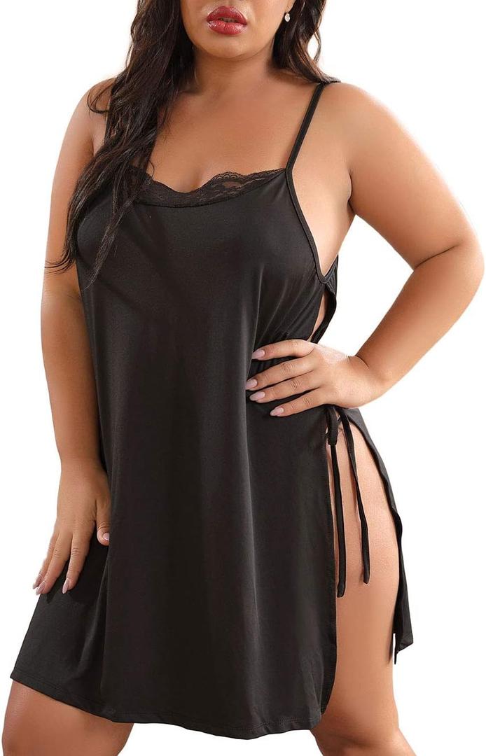 XAKALAKA Women Plus Size Lace Babydoll Lingerie Side Slit Strappy Chemise Sleepwear (Black, XL)