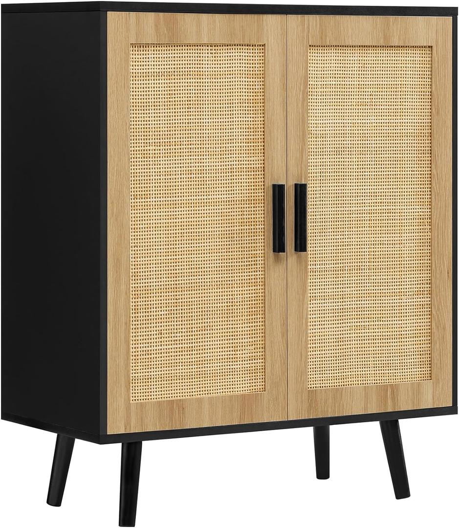 Iwell Storage Cabinet, Rattan Cabinet with 2 Shelves & Doors, Freestanding Floor Storage Cabinets for Living Room, Dining Room, Entryway, Natural+ Black