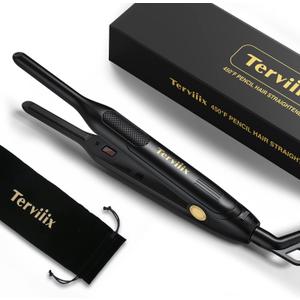 Terviiix Pencil Flat Iron for Edges & Short Hair, 3/10 Inch Small Hair Straightener for Men, Ceramic Mini Flat Iron for Pixie & Beard, 15s Fast Heat up, Dual Voltage, Auto Shut Off (Black)