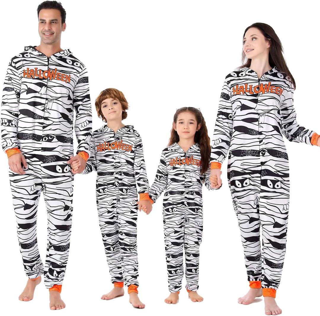 ANGELGGH Matching Halloween Onesie Pajamas Family Holiday Hooded PJs Adult Couples One Piece Sleepwear Funny Ugly Loungewear (Men, L, Mummy) (L)