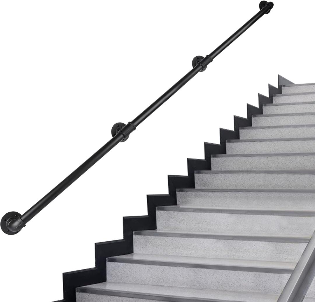 Rectoo Pipe Stair Handrail, 12 Ft Metal Staircase Handrail, Black Galvanized Industrial Iron Hand Rail for Indoor & Outdoor Wall Mount Support, Wall Hand Railing,Safety Handle, Steps Baluster(HR07)
