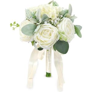 Wedding Bouquets for Bride Bridesmaid 8.5 Inch Ivory White Artificial Roses Flowers Bridal Bouquets for Bride Wedding Marriage Proposal Party Church Decoration