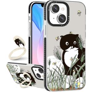 Boaretiu Cute Kawaii for iPhone 13 Case with Stand - Fashion Cool 360 Rotate Ring Holder Kickstand Black Cat Bee Design for Women Girls Boys Teens Girly for iPhone 13 Phone Case