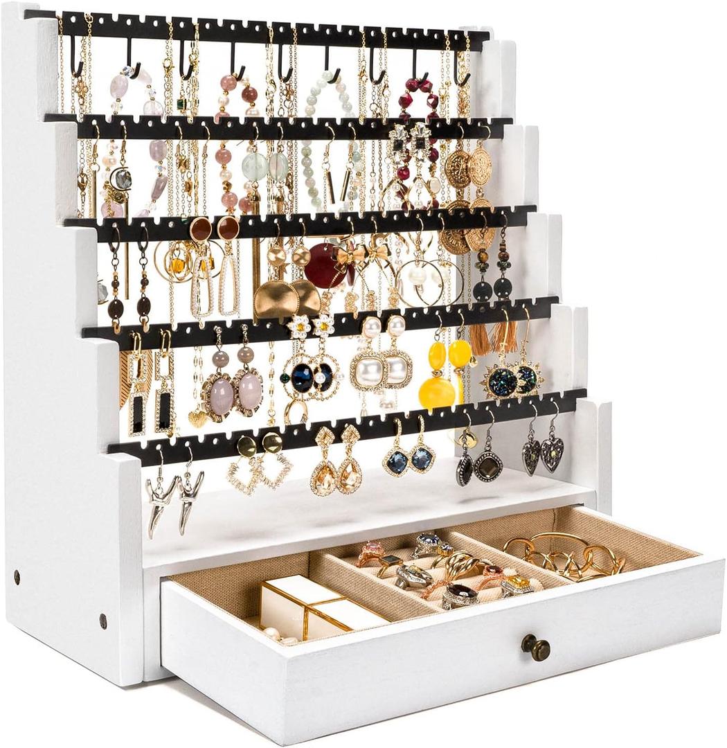 Pinzoveco Earring Organizer, 5 Layer Earring Holder Organizer with Necklace Holder Pole, Rustic Wood Jewelry Organizer Stand Display for Stud Earring Bracelet Necklace Ring, 175 Earring Holes (White)