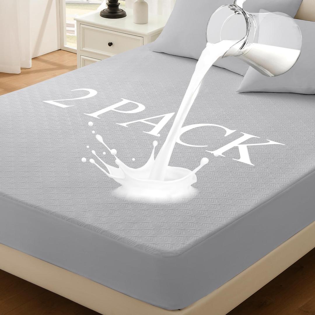 Twin Mattress Protector 2 Pack, Waterproof Mattress Pad Washable Rayon Mattress Cover Breathable Noiseless Bed Protector 3D Patterns 5" - 21'' Elastic Fitted Deep Pocket(Light Grey)