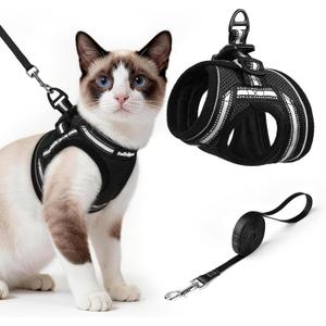 rabbitgoo Cat Harness and Leash Set for Walking Escape Proof, Adjustable Soft Kittens Vest with Reflective Strip for Cats, Comfortable Outdoor Vest, Black, Large