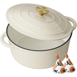 Enameled Cast Iron Dutch Oven - 7.5QT Pot with Lid & Cotton Potholders - Heavy-Duty Cookware for Braising, Stews, Roasting, Bread Baking, Oven Safe up to 500 F & Across All Cooktops, Cream White