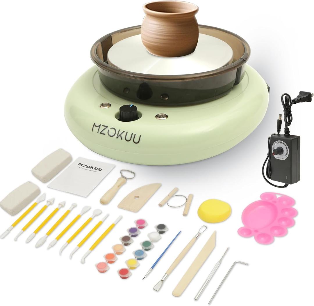 MZOKUU Mini Pottery Wheel Machine for Kids and Beginners, Adjustable Speed, Complete Pottery Kits with Air Dry Clay, Sculpting Tools, Art & Crafts Kits for Home DIY (Pink) (Green)