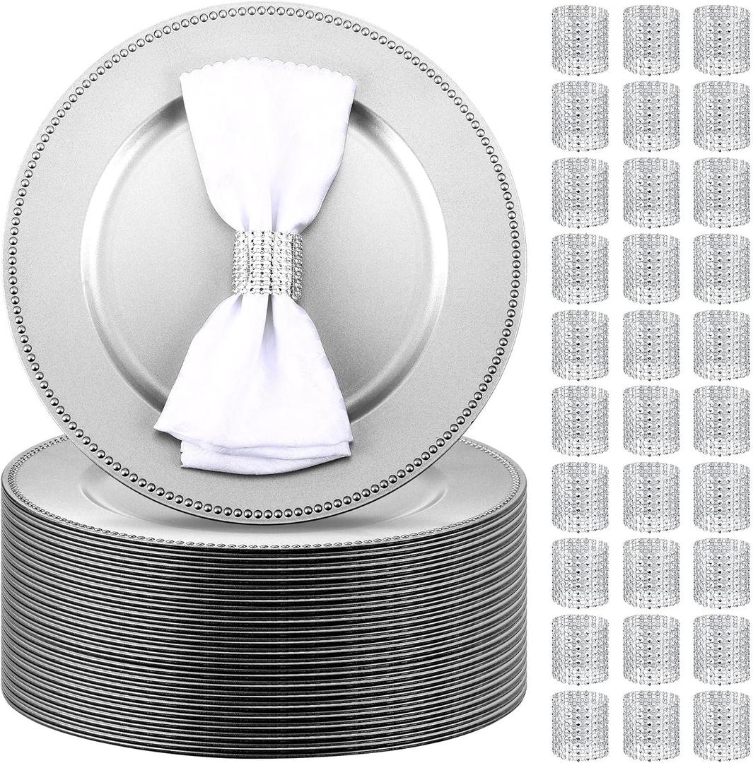 Bokon 100 Set (200 Pcs) Charger Plates Set Bulk with Napkin Rings 13 Inch Round Beaded Charger Plates Mesh Diamond Napkin Ring Holder for Dinner Wedding Party(Silver)