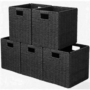 10.5x10.5'' Set of 5 Cube Storage Baskets, Natural Black Paper Rope Multipurpose Collapsible Organizers, Woven Laundry Totes for Laundry, Storage Cubes,Wicker Baskets Laundry Organizer Totes for Home
