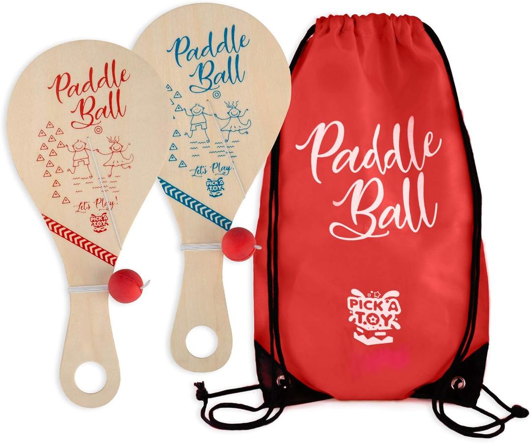 Wooden Paddle Ball (Set of 2) with Red Carry Bag Indoor Outdoor Toy: Fun and Classic Paddleball Game for Boys and Girls, Party Favor Toys Ages 4+